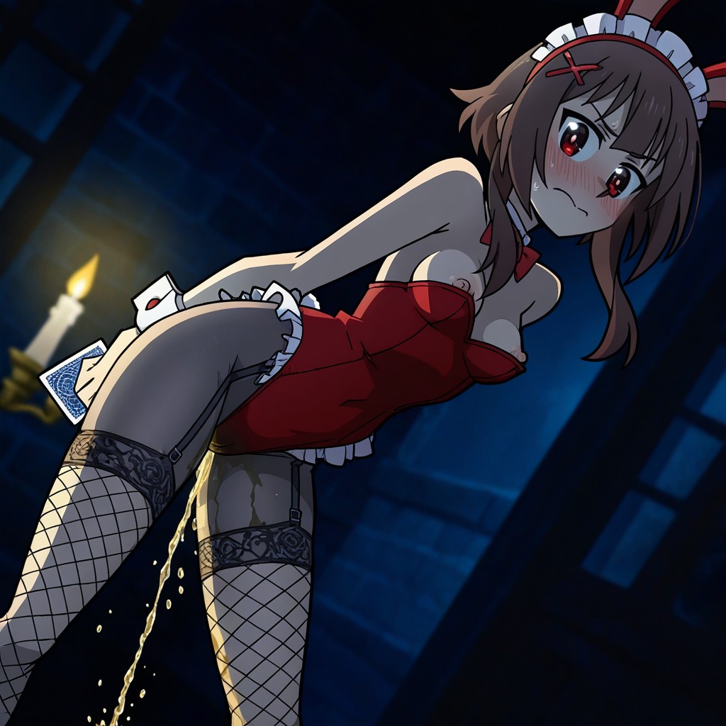 Asymmetrical Bangs, Wrist Cuffs, Red Leotard Hentai AI Porn