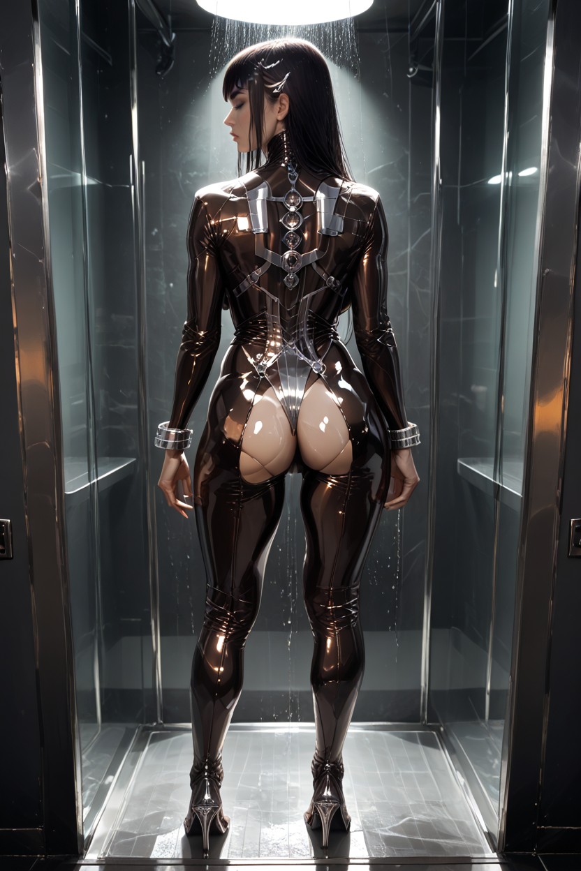 Glossy Lips, Futuristic Metallic Covered Heels, Tits On Glass Hentai AI Porn