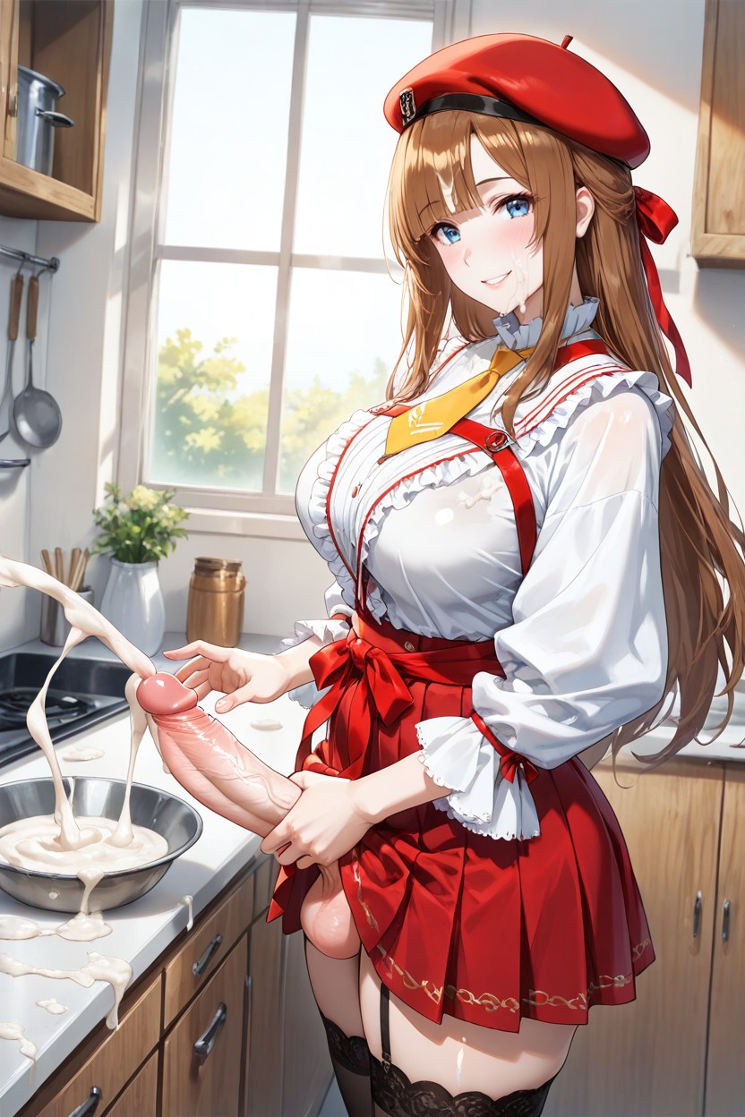 Shiny Brown Long Hair, In White Kitchen, Soft Skin Hentai AI Porn