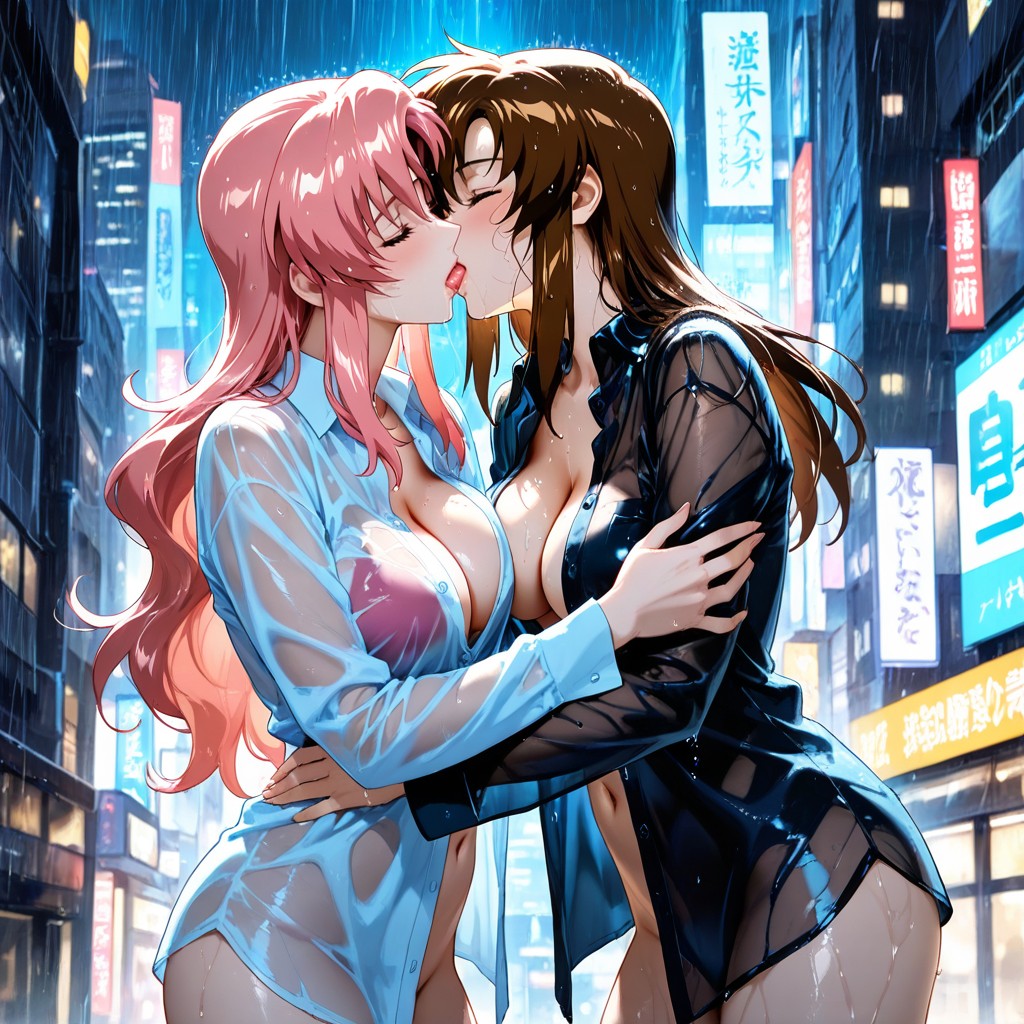 Raining, Cyberpunk City, Wet Shirt Hentai AI Porn