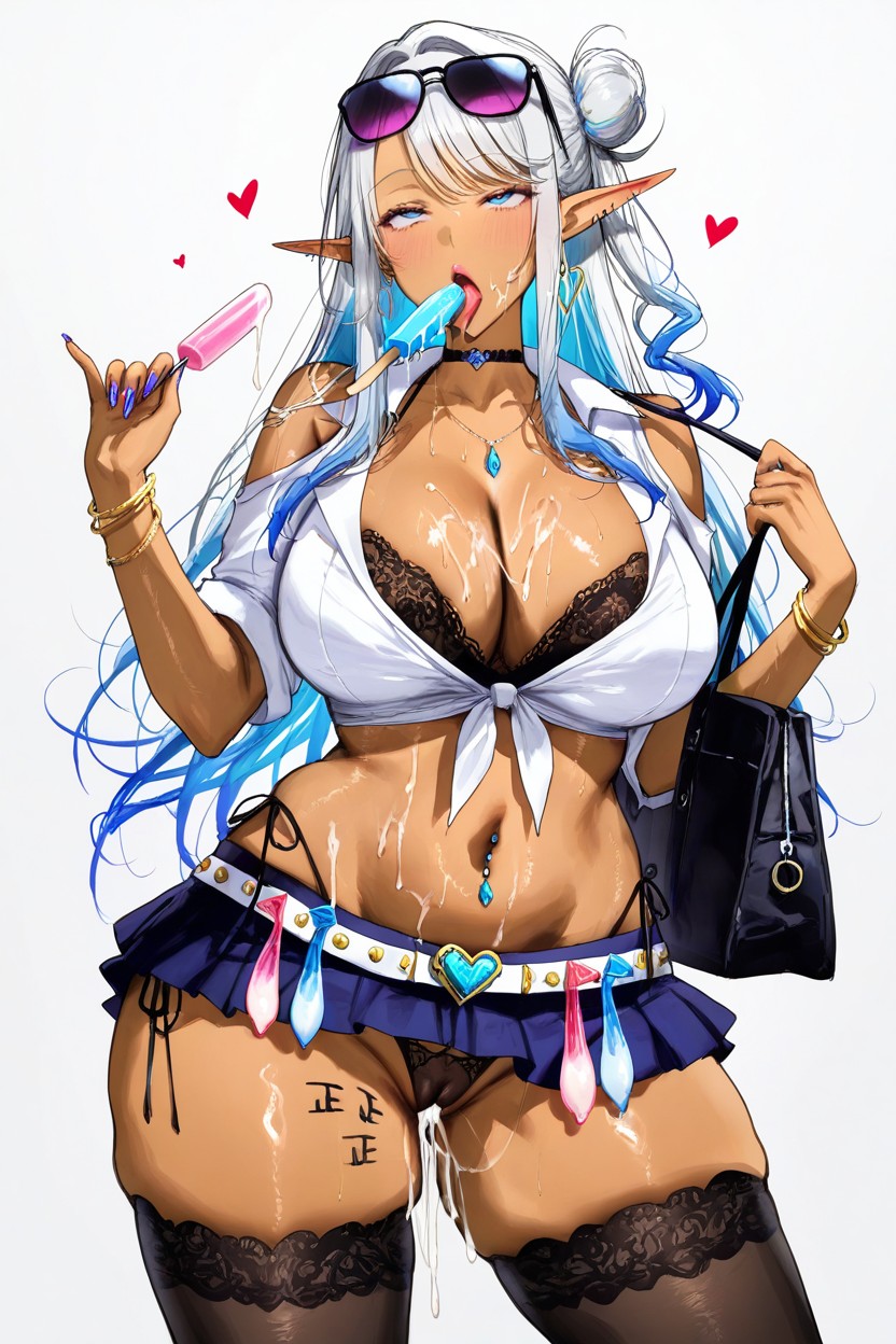 Side-swept Bangs, Pija Art Style, Thigh Up Shot Hentai IA