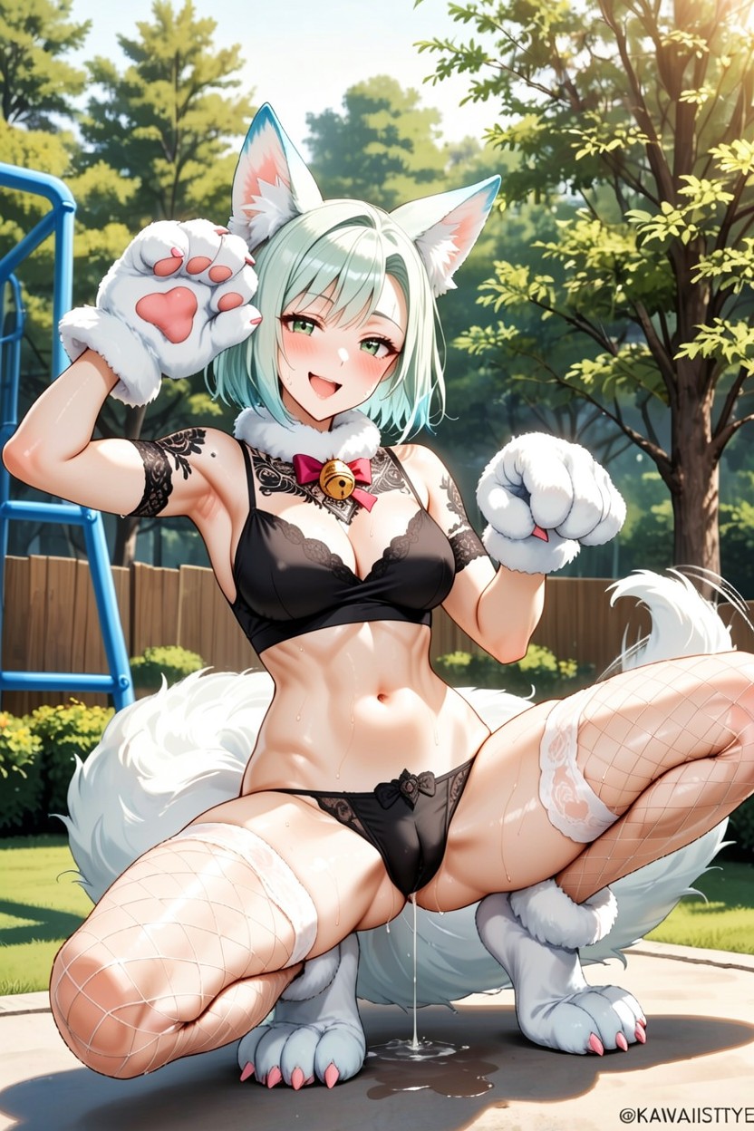 White Fluffy Fox Feet, Asymmetrical Hair, Aroused Pink Pussy Exposed Hentai AI Porn
