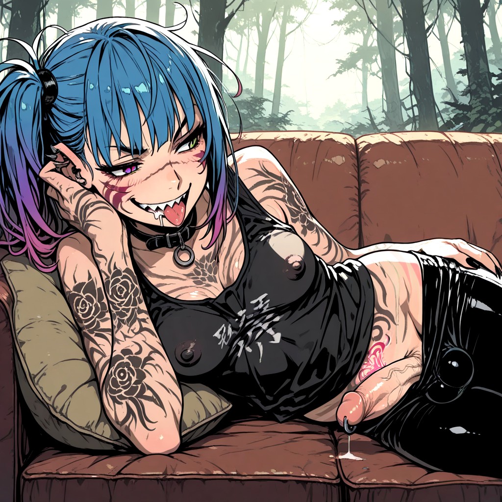Forest Ruins, Blue Hair, Striped Tan Skin Hentai AI Porn