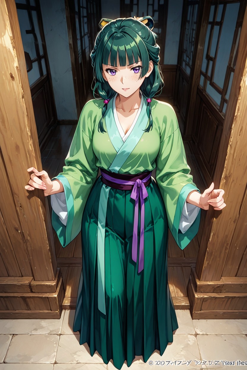Dark Green Hair, Anime Style, Freckles Hentai AI Porn