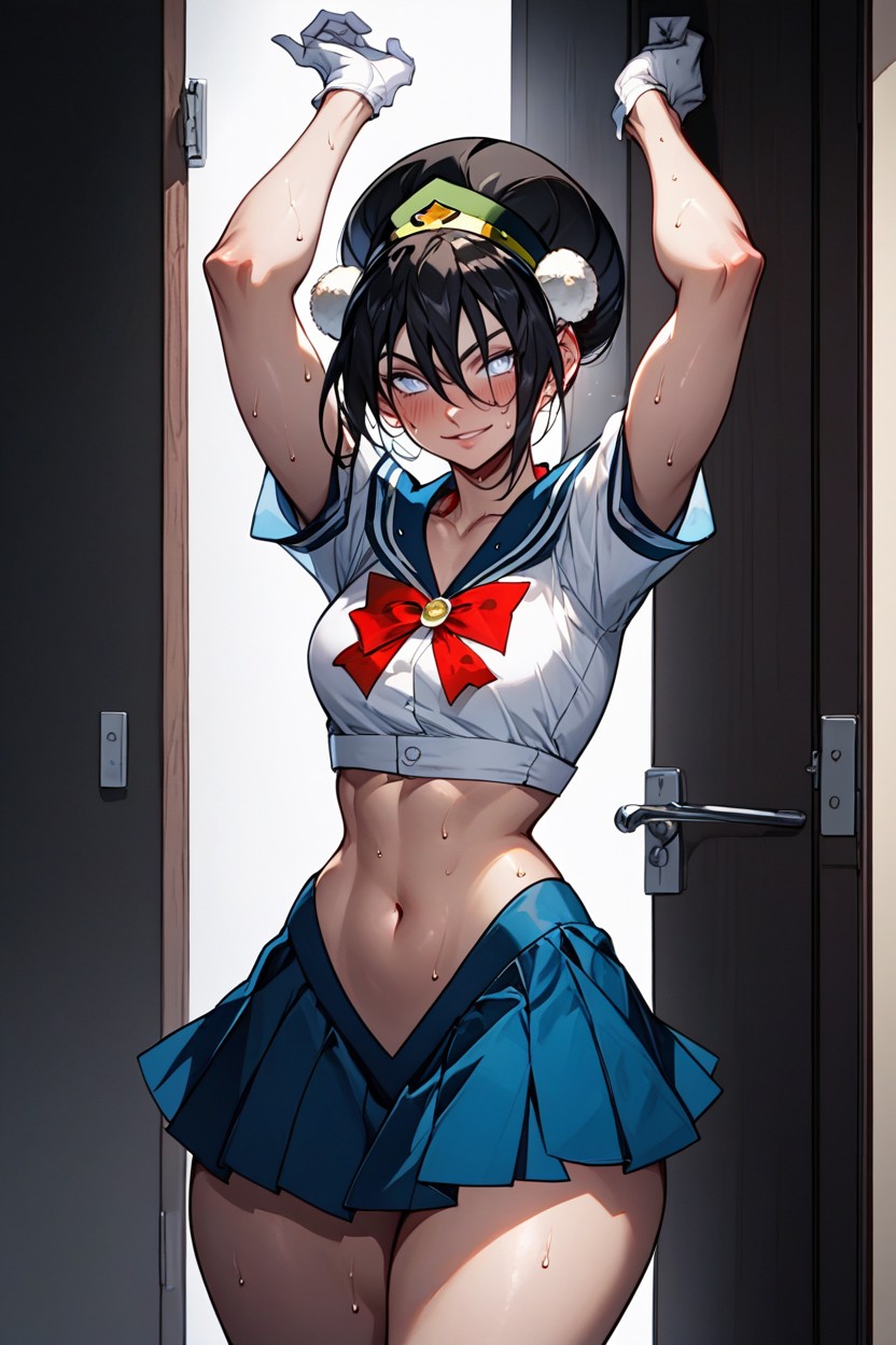Blue Dim Lighting, Wide Hips, Arms Up Hentai AI Porn