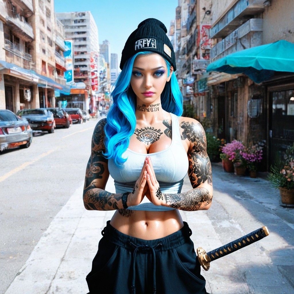 Vista Frontal, Heavy Tattoos On Her Hands, Thick Eyelashes Hentai IA