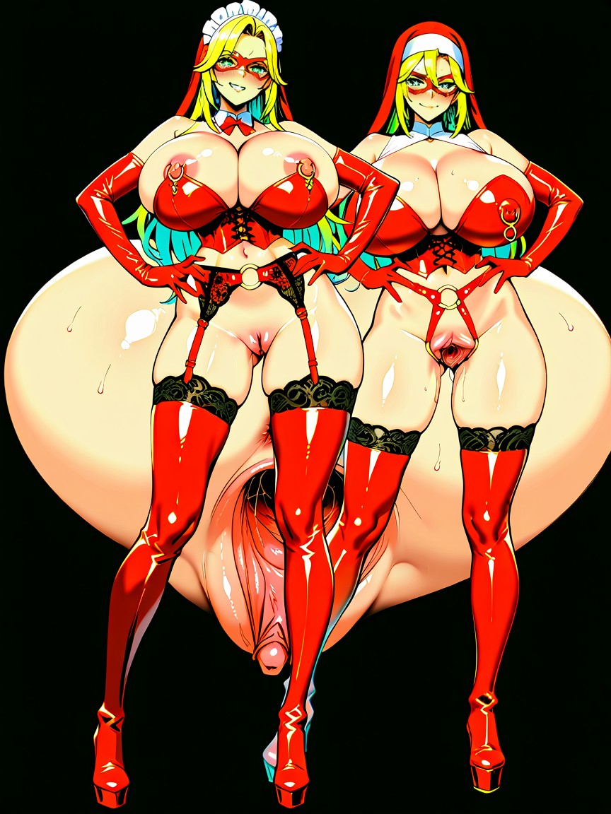 Standing, Swollen Clitoris, Red Lace Garter Belt Hentai AI Porn