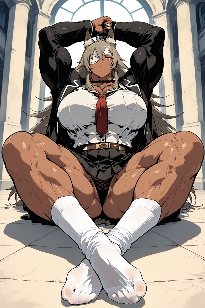 Hyper Muscular Arms, Sitting On Floor, Eyes Half Closed Hentai AI Porn