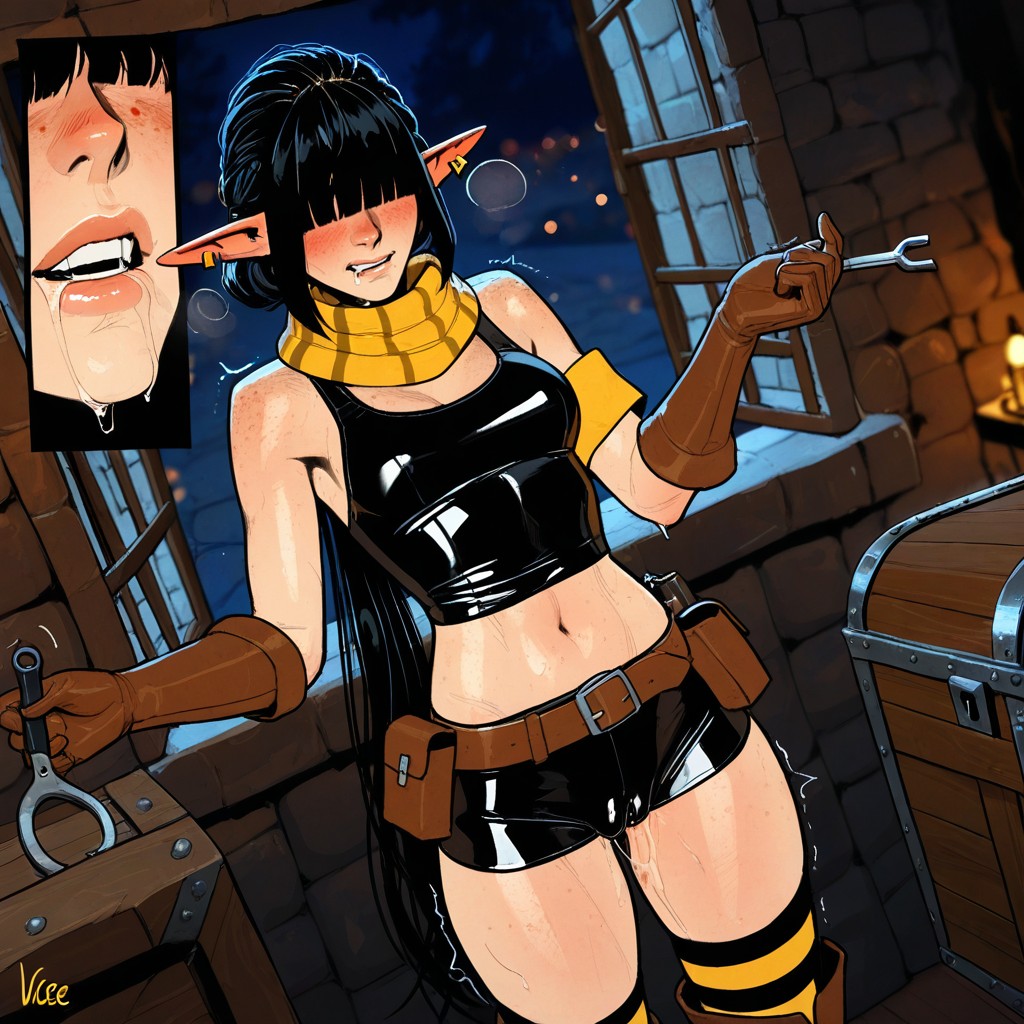 Navel, Black Yellow Striped Thighhigh Socks, Excited Mouth Hentai AI Porn