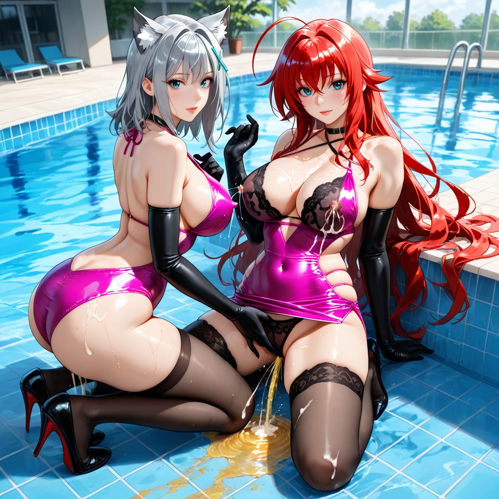 Dark Blue Eyes, Inside Swimming Pool, Black Lace Bra And Panties Hentai AI Porn