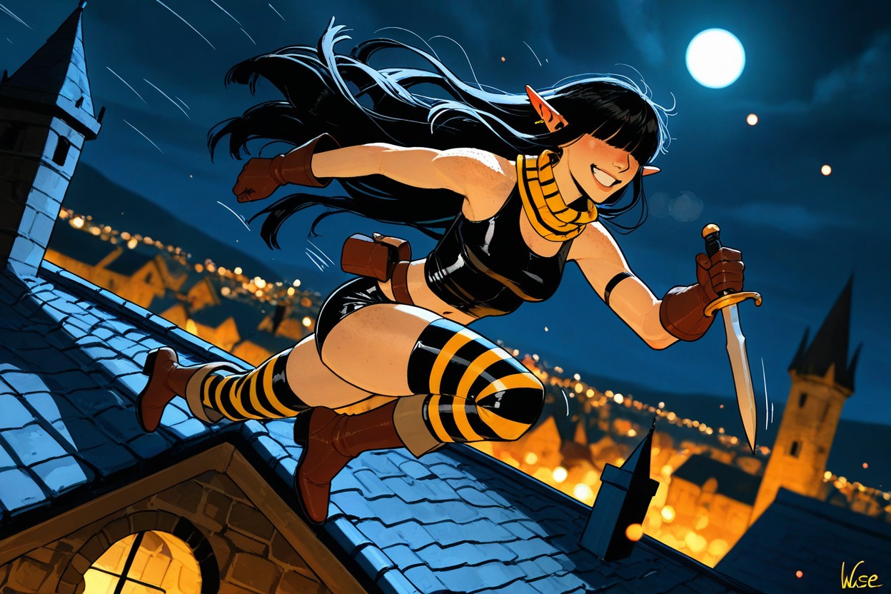 Exposed Thighs, Very Long Large Yellow Black Striped Scarf, Motion Lines Hentai AI Porn