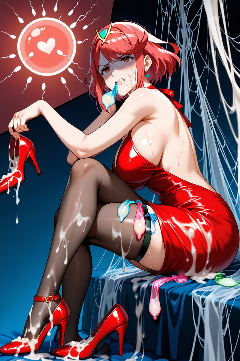 In Her Red-colored Backless Silk Dress, After Sex, Cum On Shoes Hentai IA