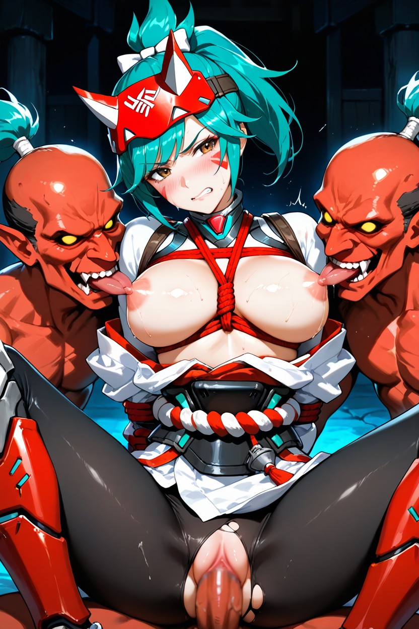 Red Gloves, Teal Accent Lights, Black Bodysuit Leggings Hentai AI Porn