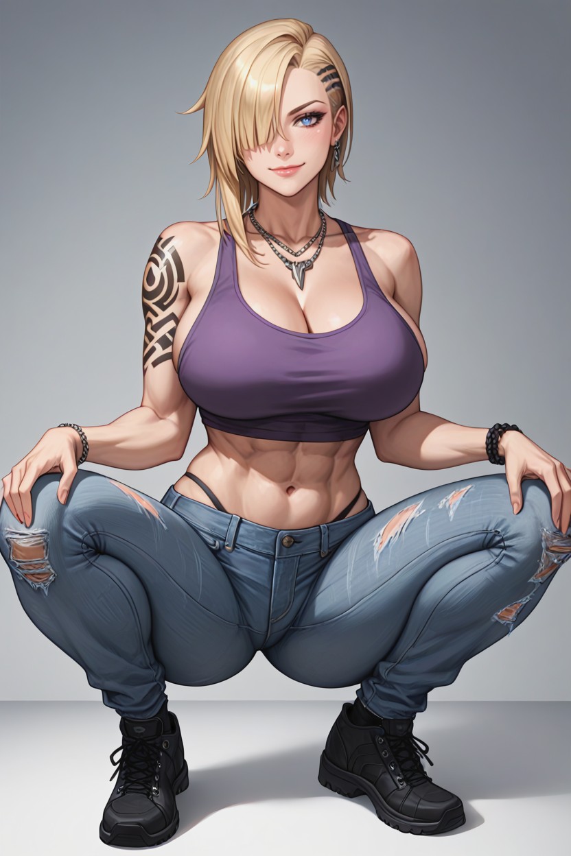 Rips At The Knees Wide-legged Jeans, Defined Abs, Metal Wallet Chain Hentai AI Porn
