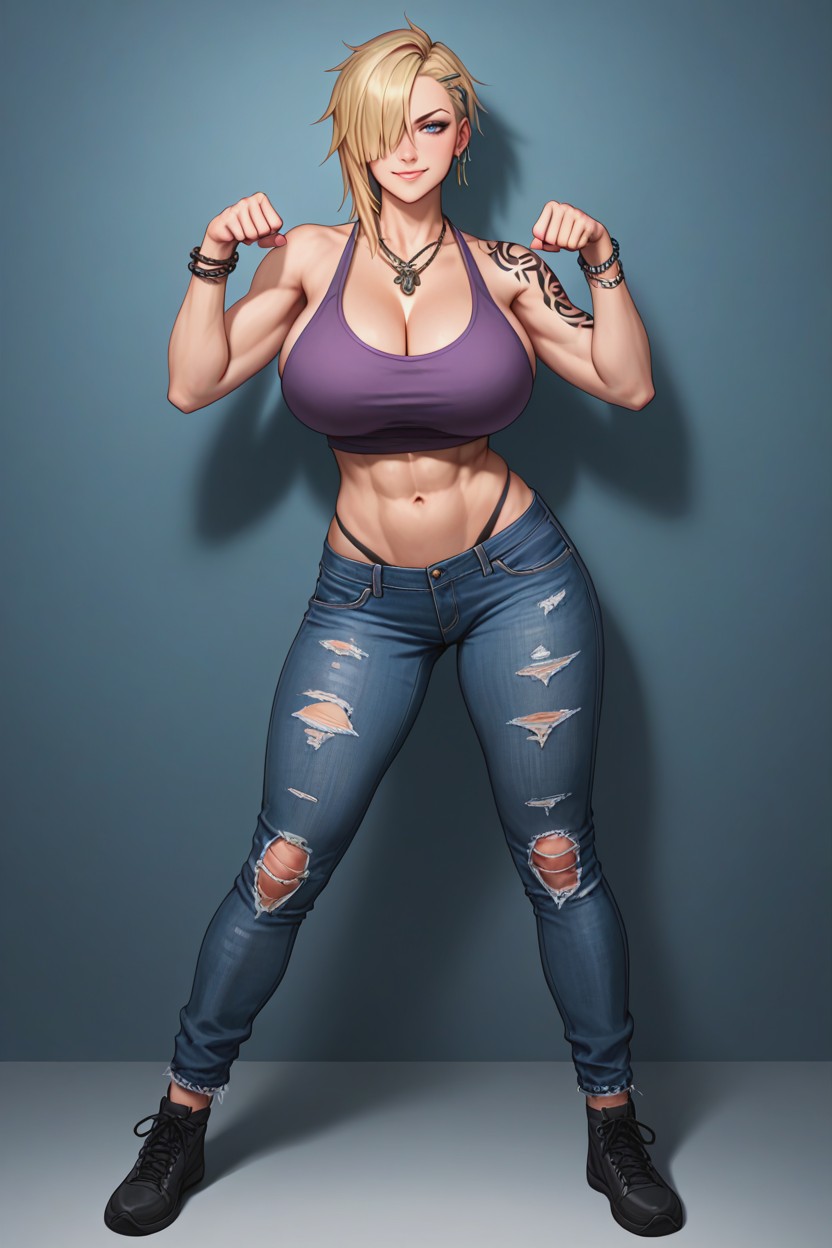 Realistic Proportions, Blue Eyes, Rebellious Smirk Hentai AI Porn