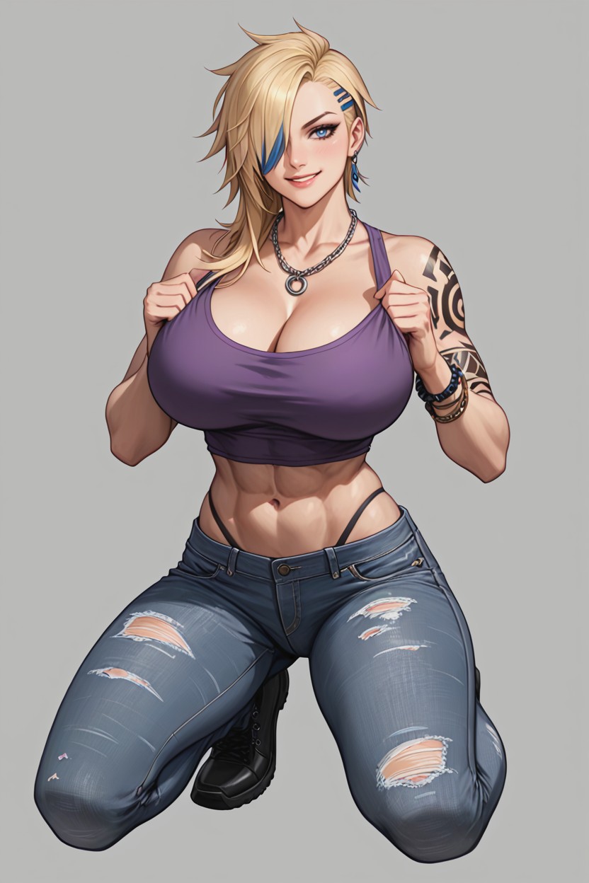 Realistic Proportions Full Body View, Rebellious Smirk, Metal Wallet Chain Hentai AI Porn
