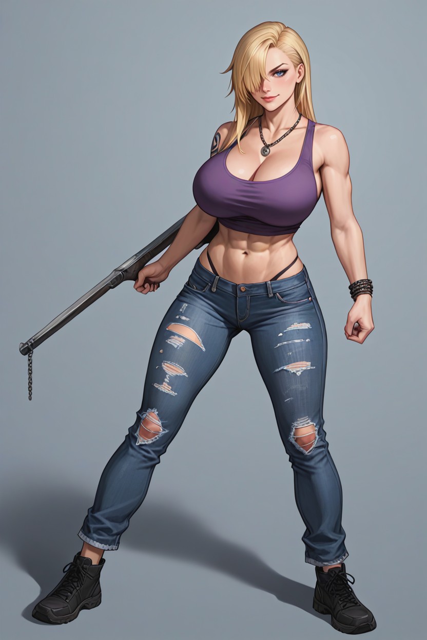 Long Asymmetrical Fringe Falling Over One Eye, Defined Abs, Purple Tank Top Hentai AI Porn
