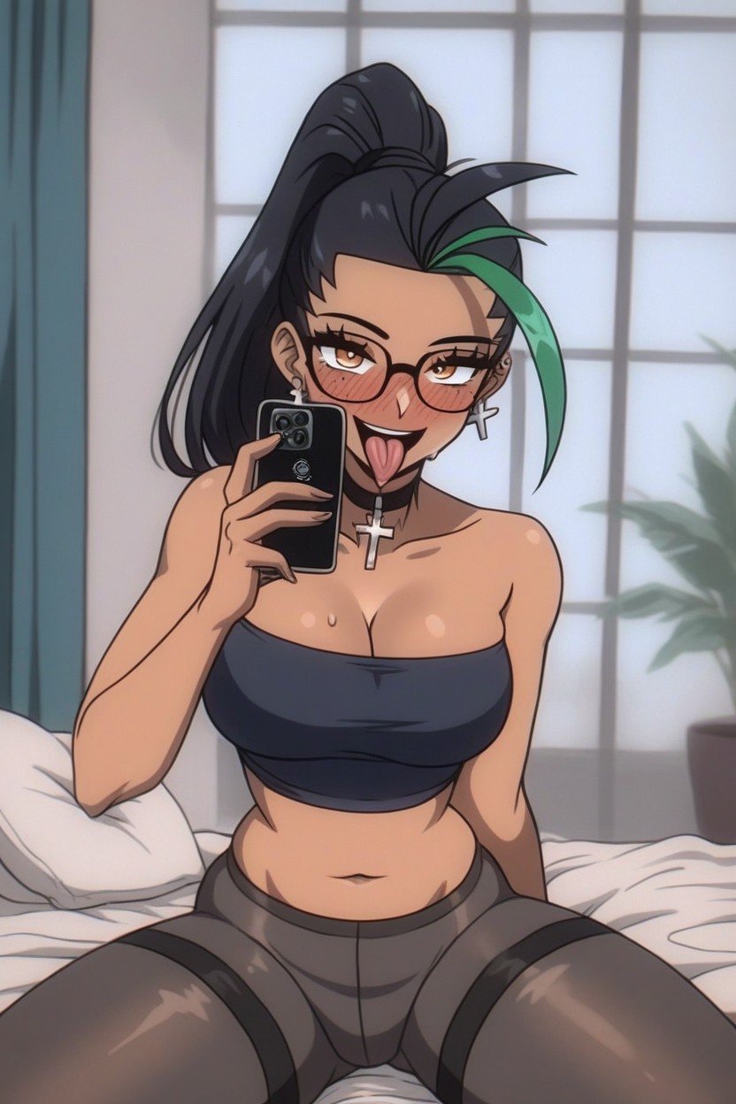 Wide Rounded Wet Tongue, Cross-eyed, Black Glasses Hentai IA