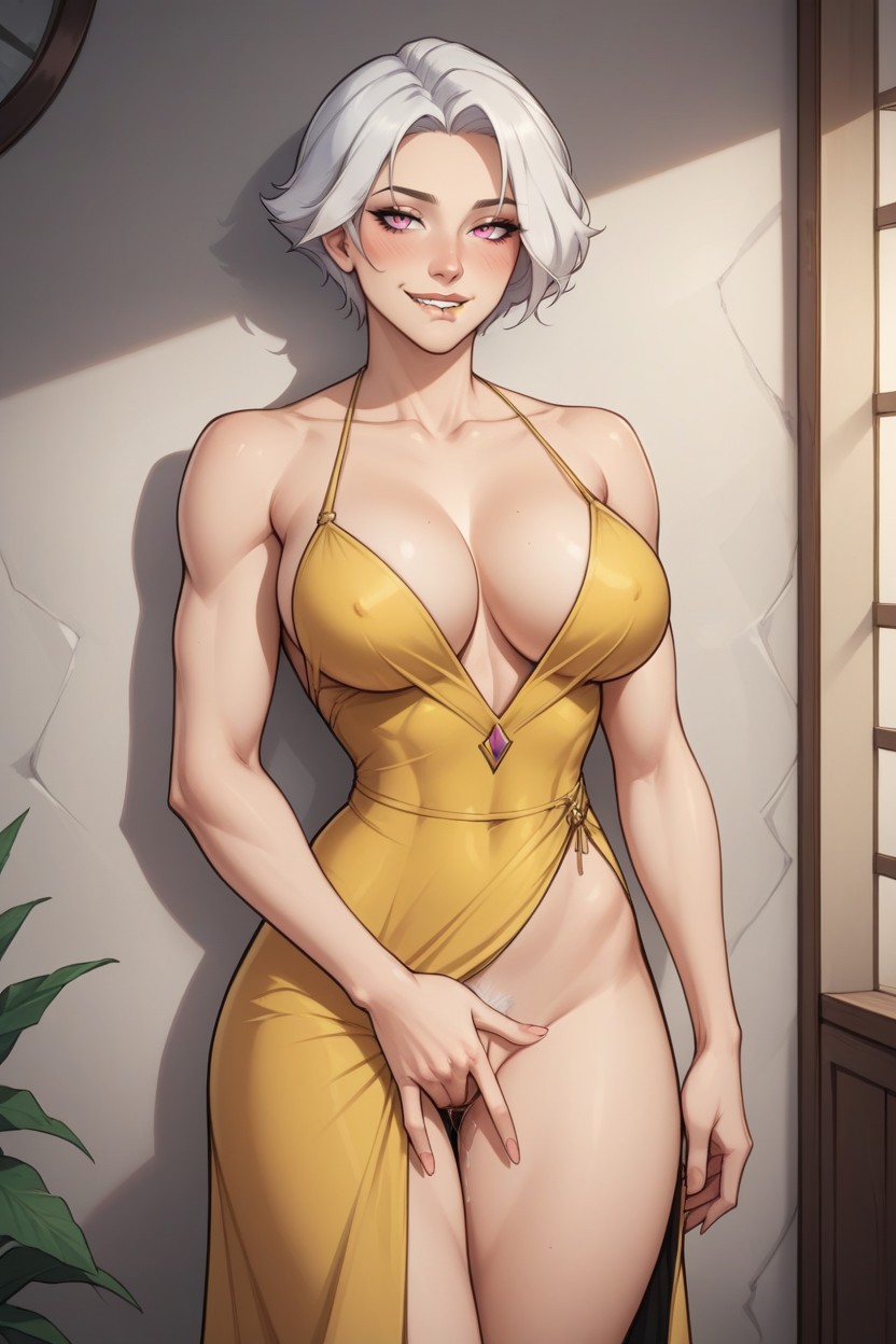 Toned Body, Pubic Hair Light Skin, Almost V-shaped Green Eyes Hentai AI Porn