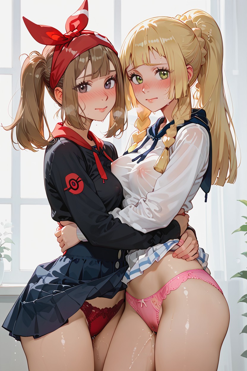 Two Females, May Is Brown Hair, May Wearing Red Panties Hentai IA