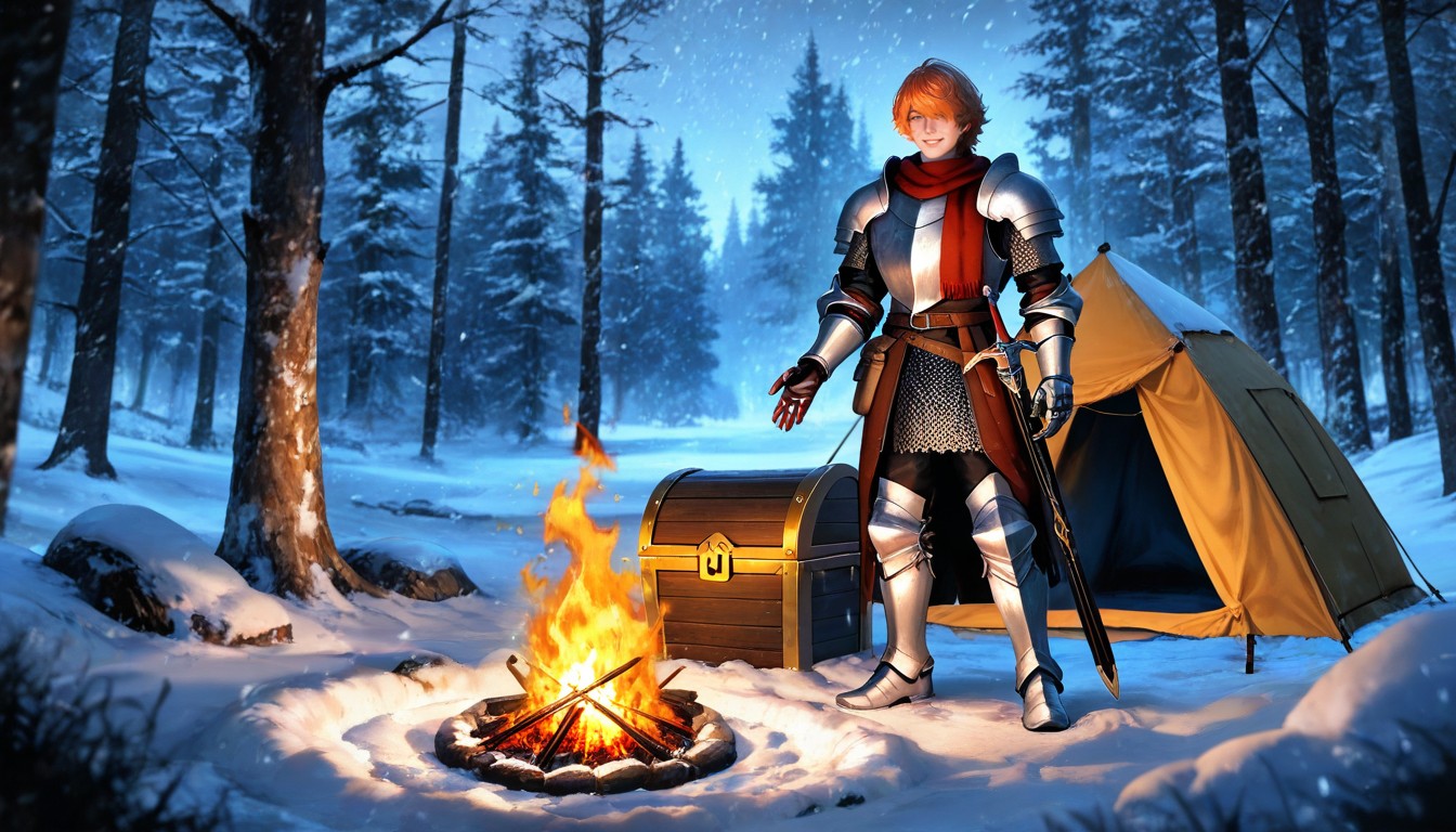 He Is Holding A Treasure Chest With His Hands, In A Medieval Camp, Greaves AI黄漫