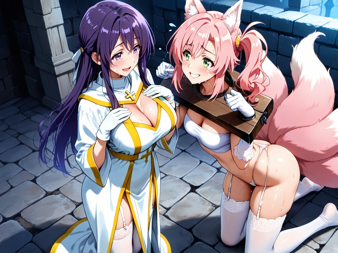 Happy Reunion Expressions, Only Purple Wears White Tube Top And Thong, Pink Hair AI黃漫