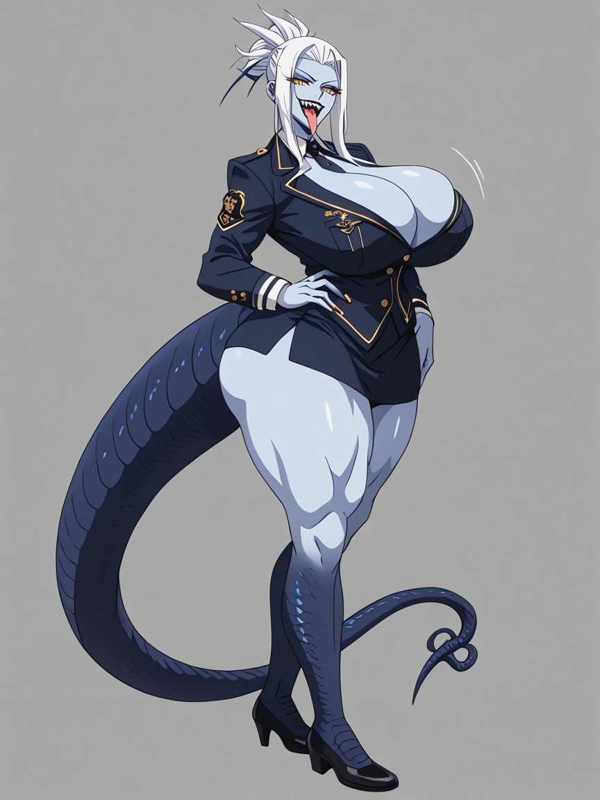 Side View, Golden Eyes, Dark Blue Tail Hentai AI Porn