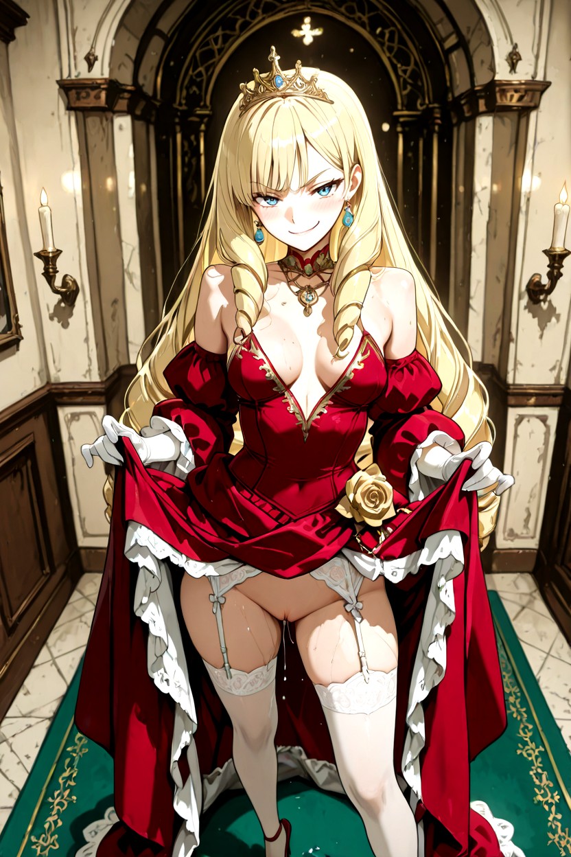 Very Slight Blush, White Lacy Long Gloves, Ornate Tiara With Rubies Hentai AI Porn