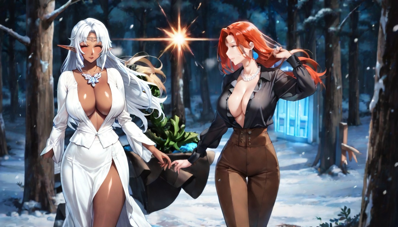 The Cleavage Symmetrical, Female Dark Elf Ispirotessdarkelf White Hair, Extremely Deep Plunging V Neckline That Opens All The Way Down To The Waist Hentai AI Porn