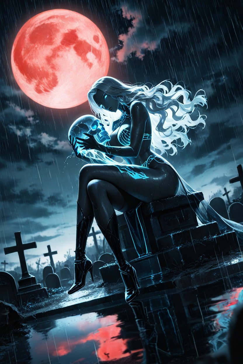 Blue Neon Lighting, Moody And Sensual Atmosphere, Tomb Stone Around Porno IA Hentai