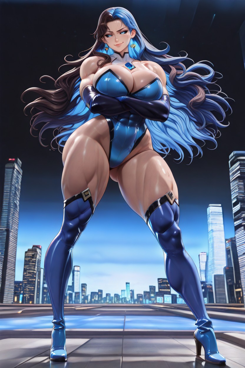 Muscular Arms, Straight Back, Skyscraper Rooftop Background Hentai AI Porn
