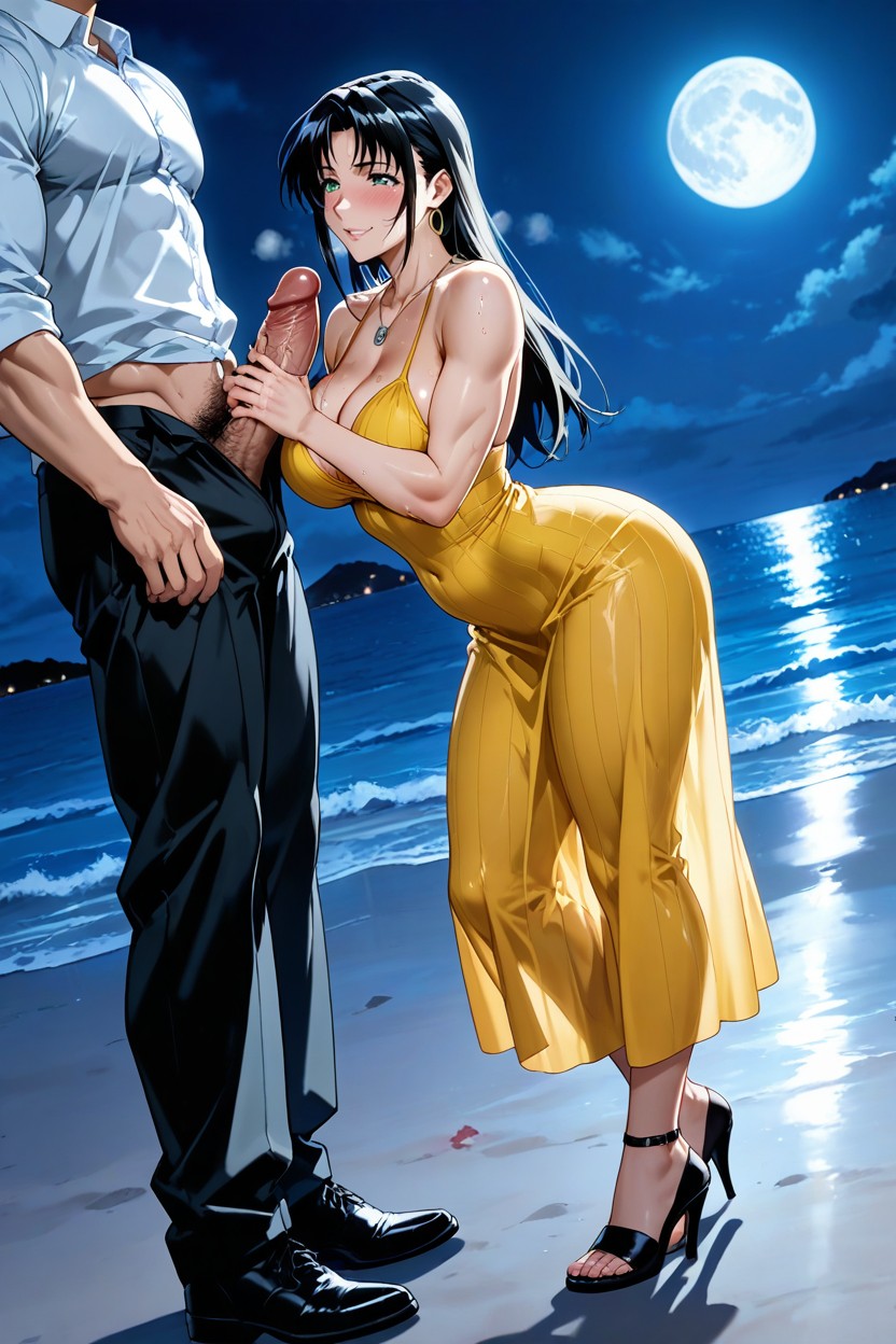 Long Ear Rings, Belly Button Exposed, Woman Grabbing Mans Penis Hentai AI Porn