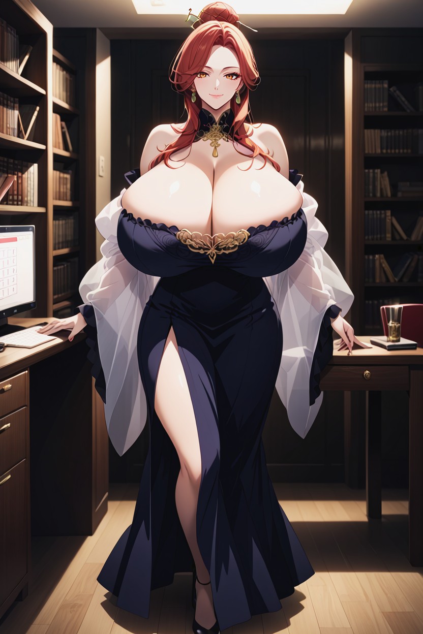Wearing Strapless Black And Gold Hanfu Immortal Dress, Standing Gracefully, Full Body View Hentai IA