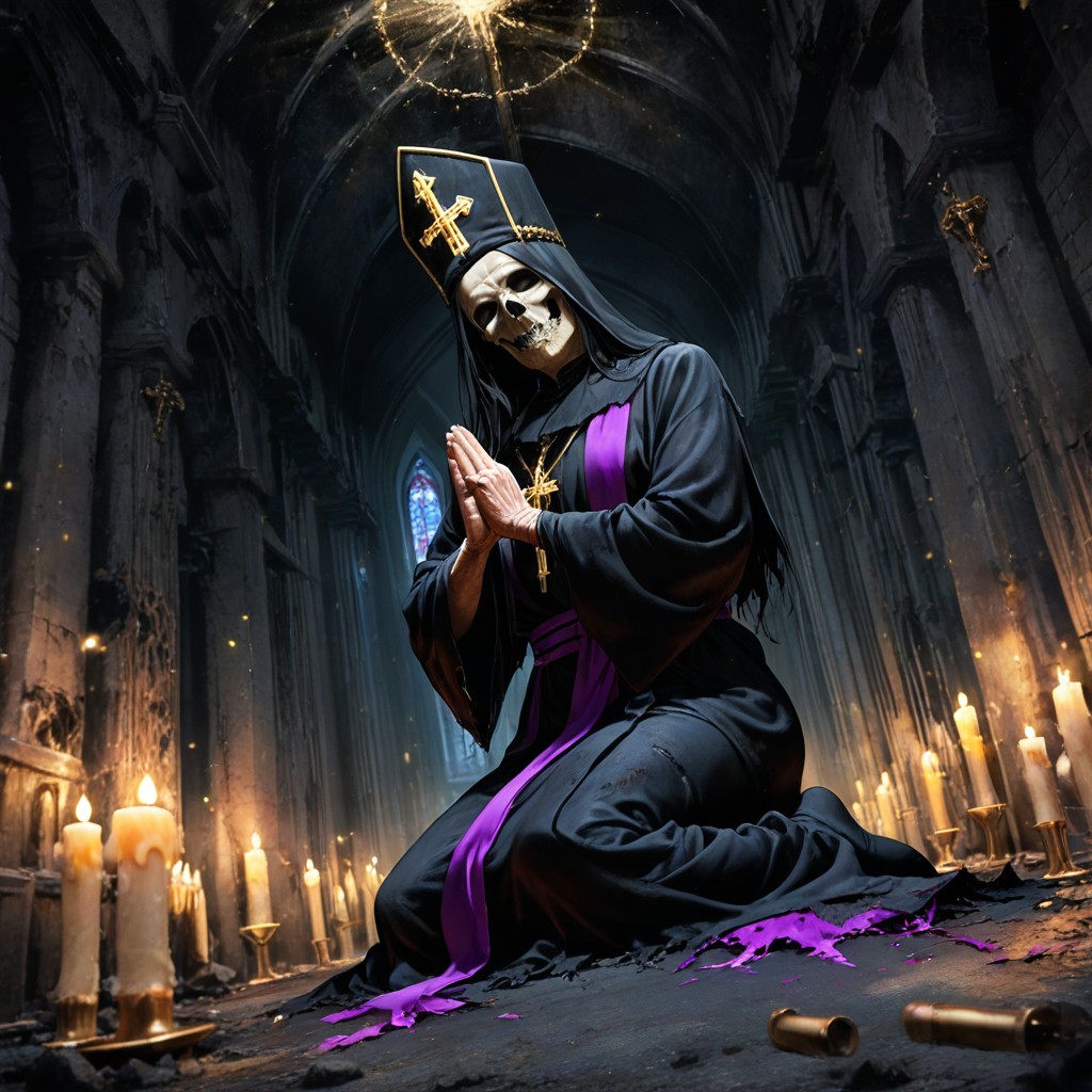Gold Dust Particles In The Air, Praying Gesture Large Pillars, Abandoned Hentai IA