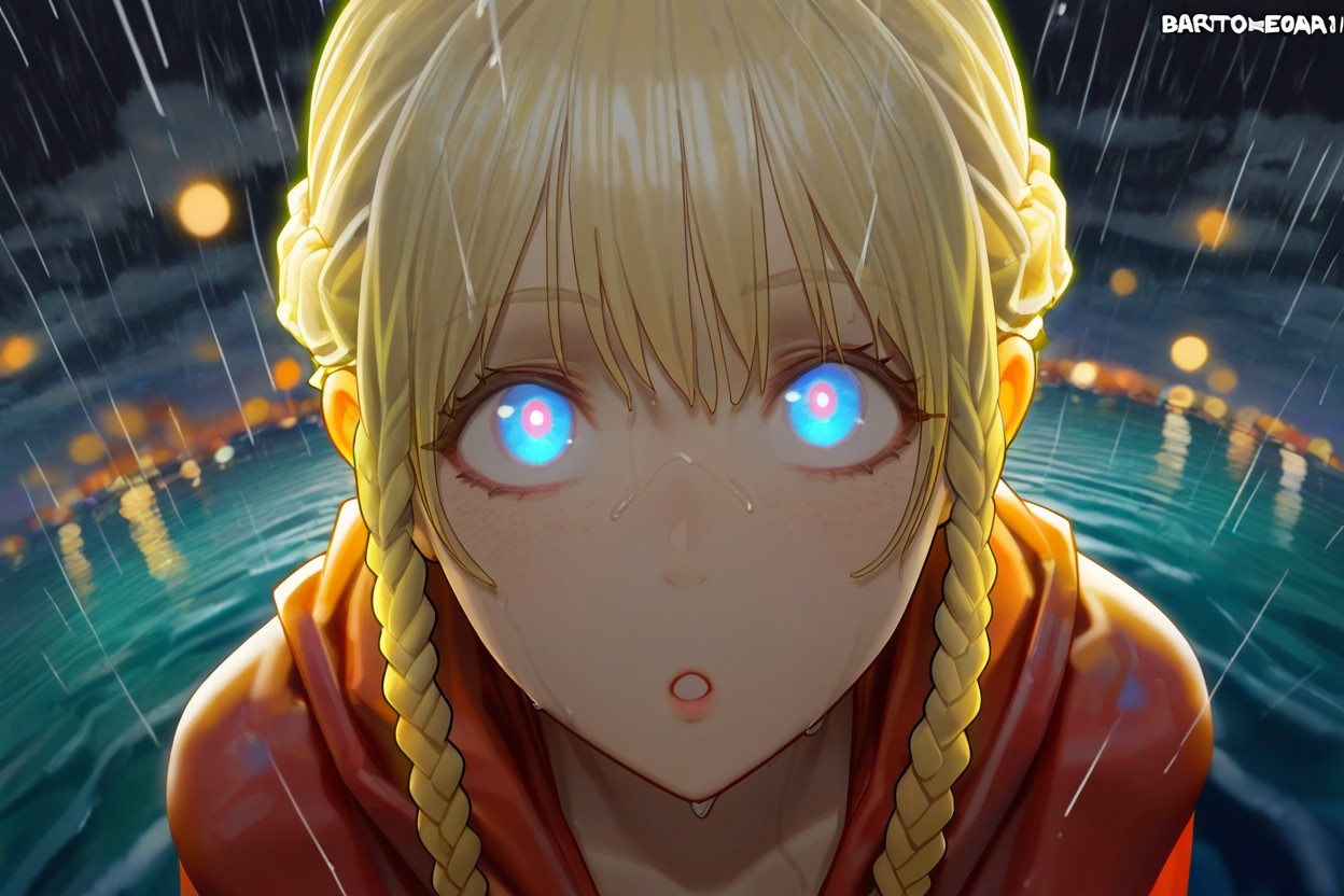 Green Rim Lighting, Looking Up At Viewer, Wet Skin Hentai IA
