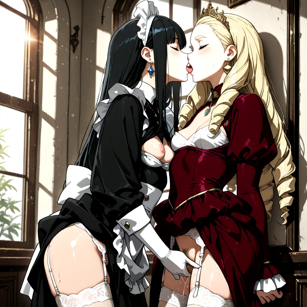 Pussy Slightly Dripping Stringing Juice, Embracing Closely, Wide Lacy Shoulder Straps Holding Up Dress Hentai IA