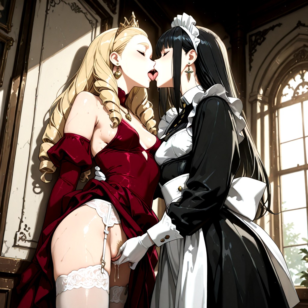 Fully Clothed, Passionate Deep Kissing With Some Tongue, Multiple Maids Hentai AI Porn
