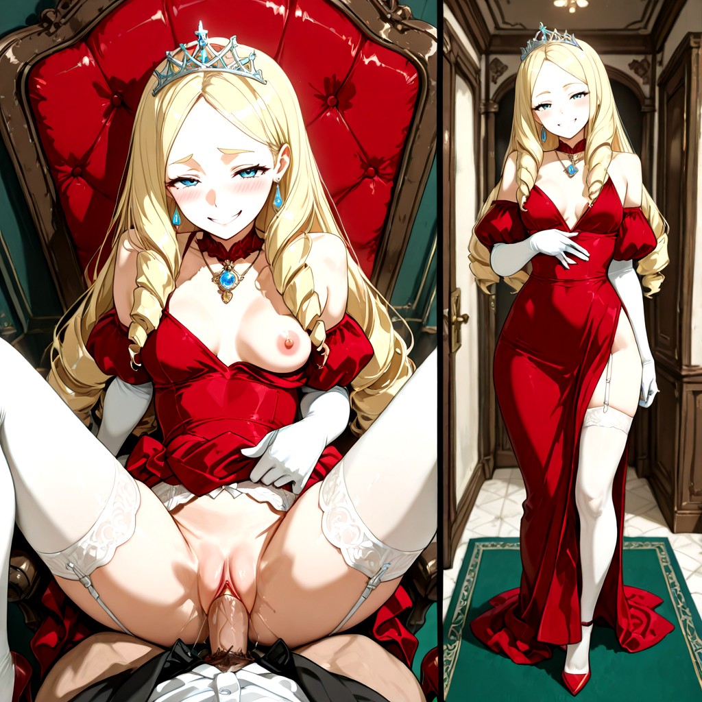 Wide Lacy Shoulder Straps Holding Up Dress, Extreme Close Up View Of Face, Elegant Green Carpet And Fancy Room Hentai AI Porn