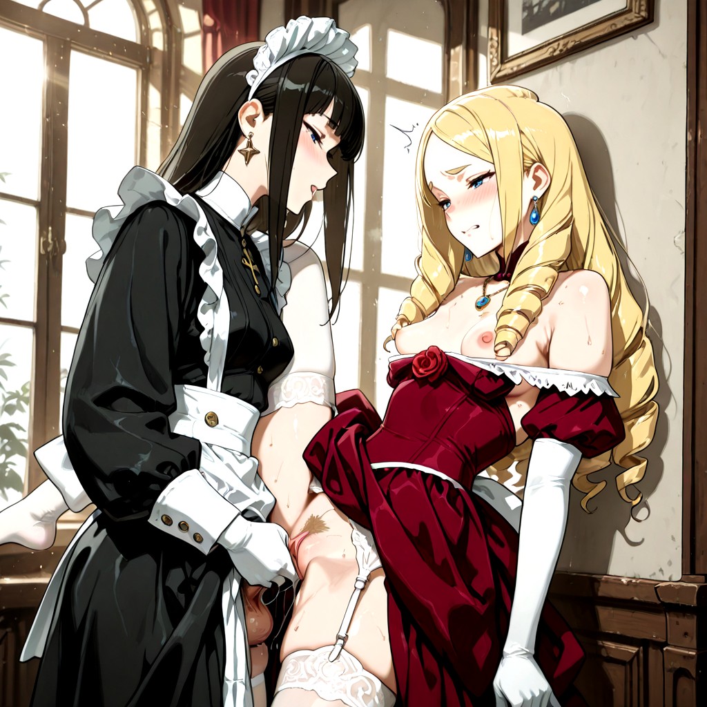 Lesbian, Princess Wears Red Ball Gown, Breasts Exposed Porno IA Hentai