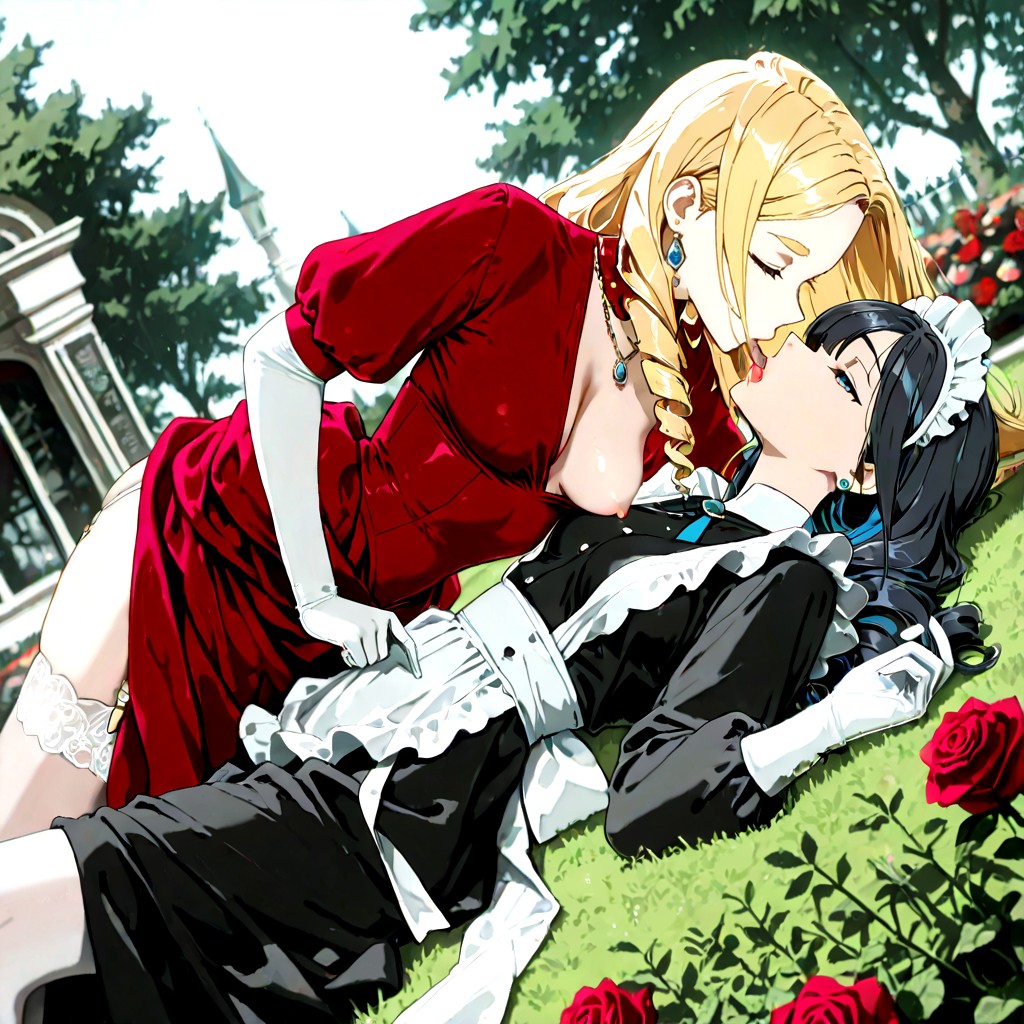 Wide Lacy Shoulder Straps Holding Up Dress, Lesbian Make Out, Fully Clothed Hentai IA