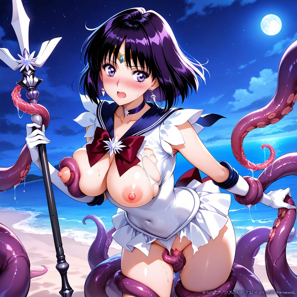 Perfect Illustration, She Look Back With Surprised Look And Icon, Tentacles Squeeze Her Breasts Hentai AI Porn