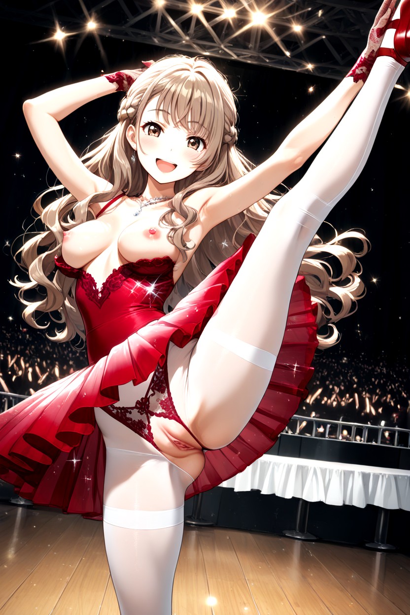 Slightly Bending Forward, On Elegant Polished Wooden Stage, Five Fingers Hentai AI Porn