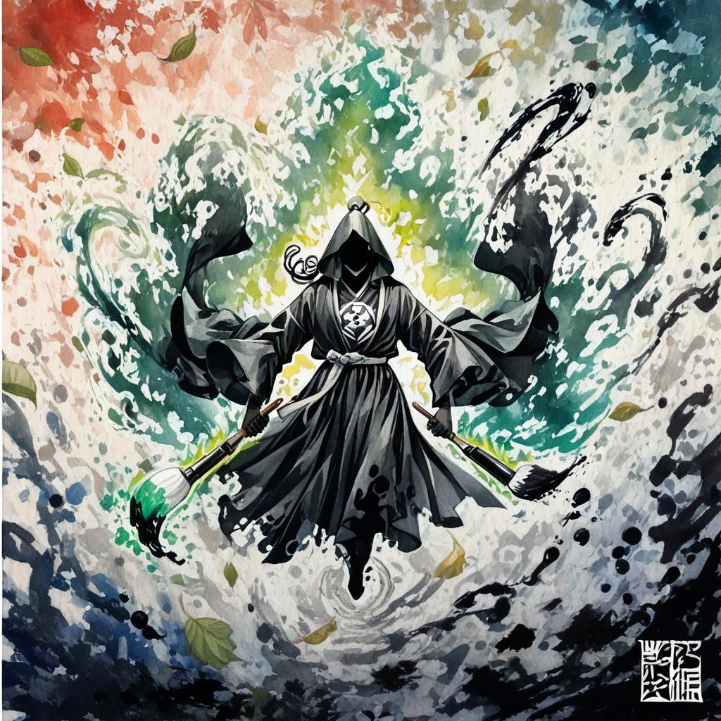 Flowing Robes Merging Into Abstract Watercolor Shapes, Translucent Gray-green Watercolor Washes, Minimal Rendering Hentai AI Porn