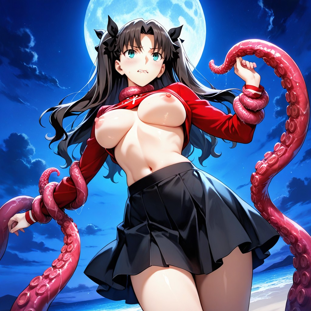 Tentacles Choke Her Throat, At Night Blue Moon Light, Tight Firm Breasts Hentai AI Porn