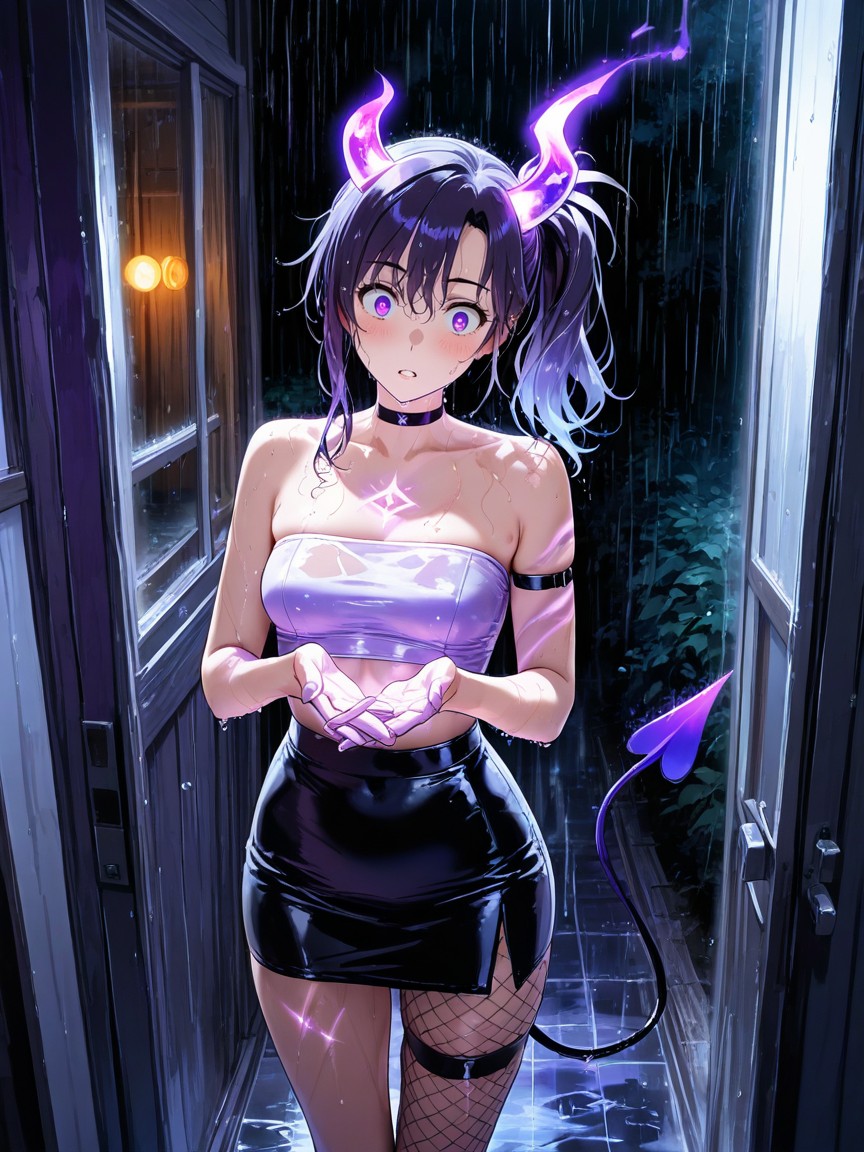 Standing Outside Behind Bushes, Devil Tail Evaporating Away, Choker Hentai AI Porn