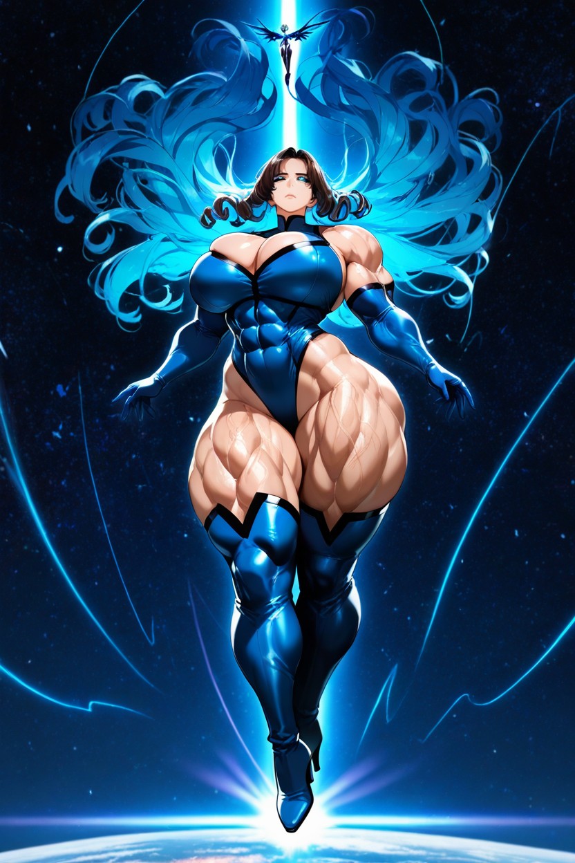 Intense Expression, Bright Blue Light Trail Below, Hair Down Hentai AI Porn