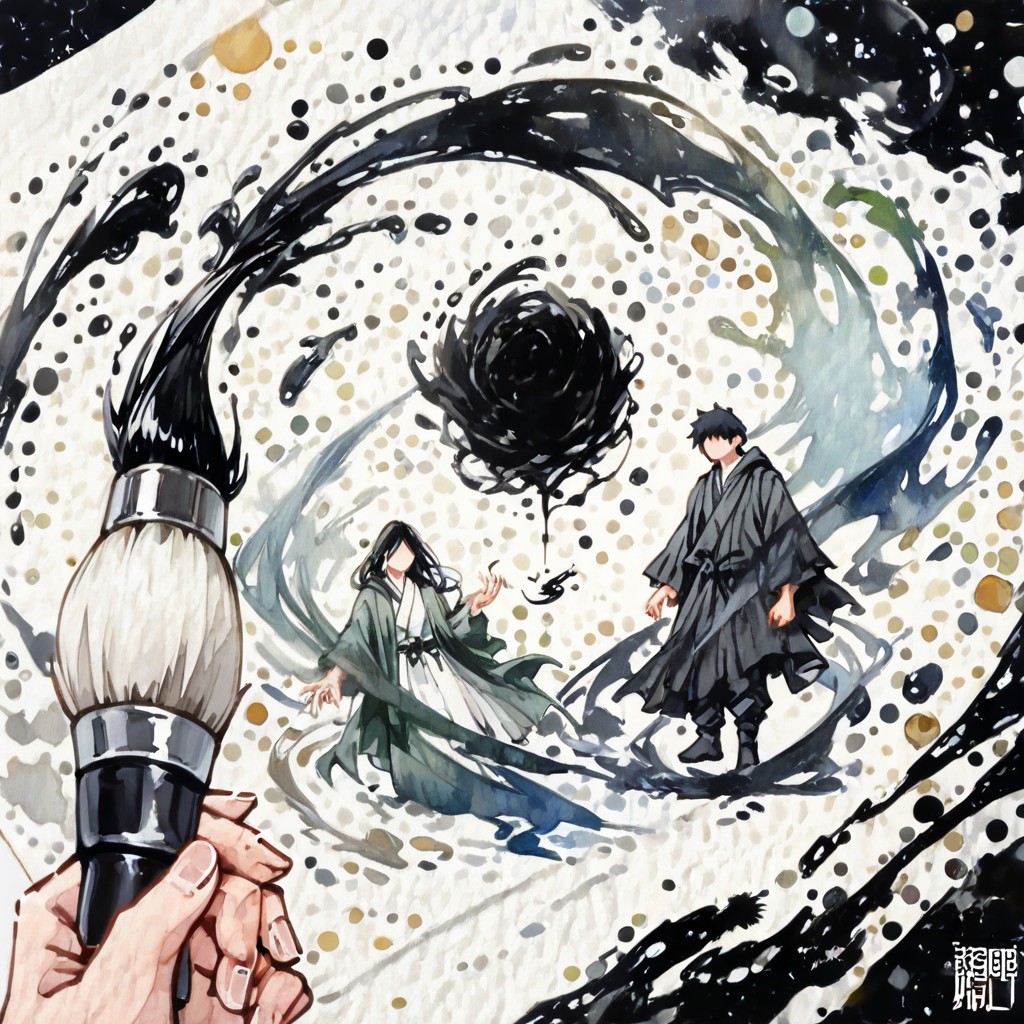 Atmospheric Negative Space, Rough Black Brush Outlines, Translucent Gray-green Watercolor Washes Hentai AI Porn