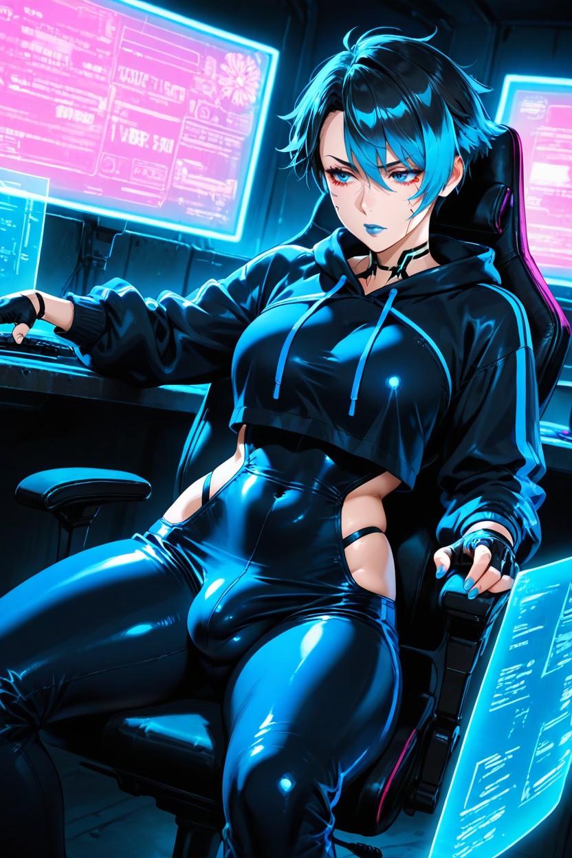 Fingerless Black Gloves, Blue Lips, Monitors Porno IA Hentai
