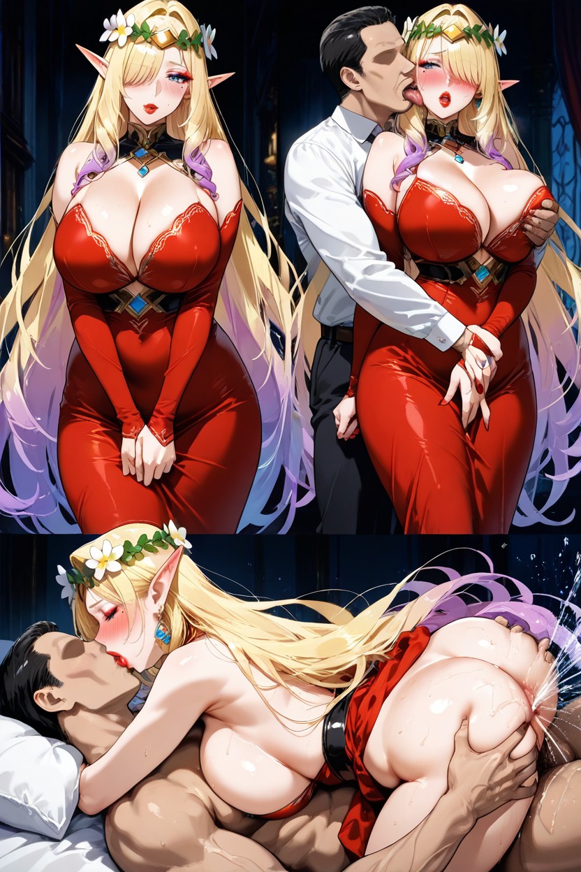 Blond Hair With Purple Ends, Detailed Hair, Hair Over One Eye Hentai AI Porn