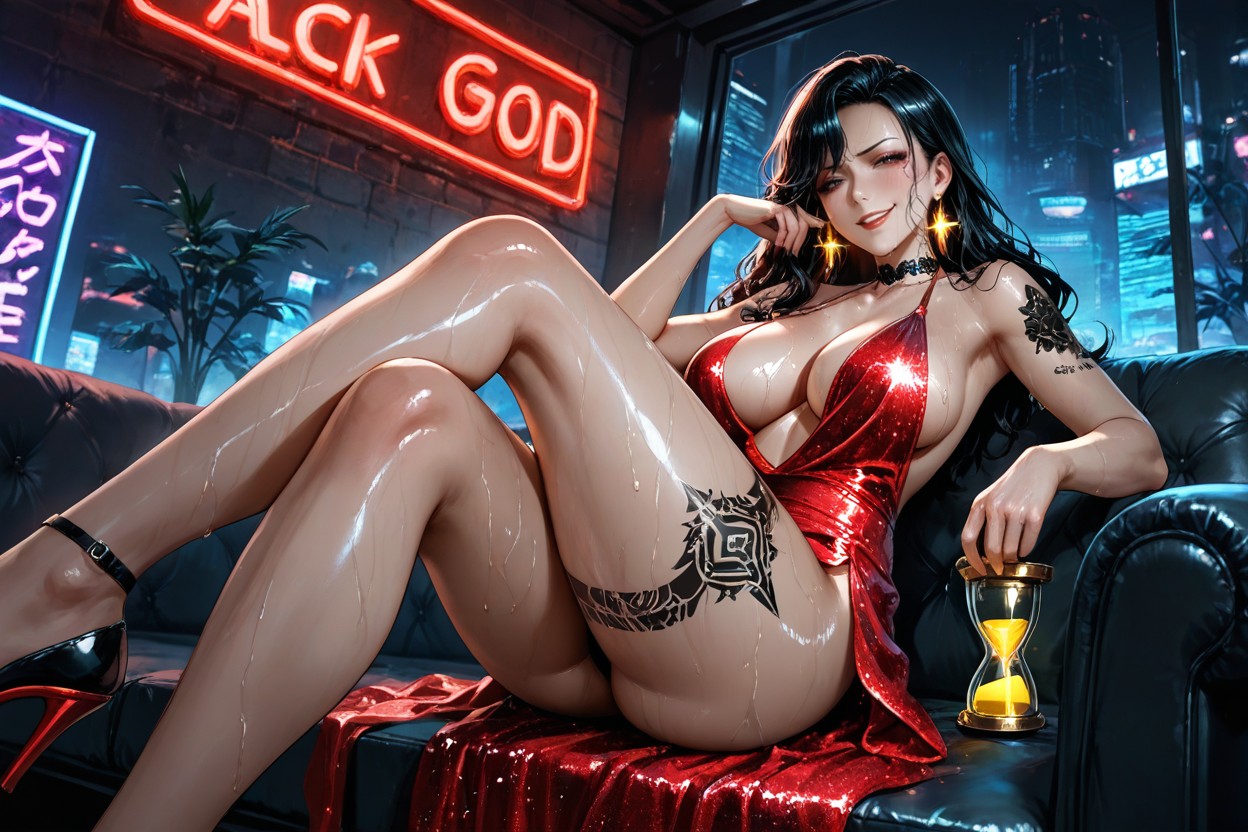Wet Skin, Sitting On A Black Couch, Dynamic Composition Hentai AI Porn